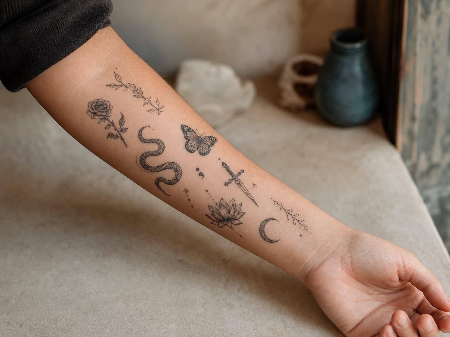 Fine line tattoo flash arranged along a forearm